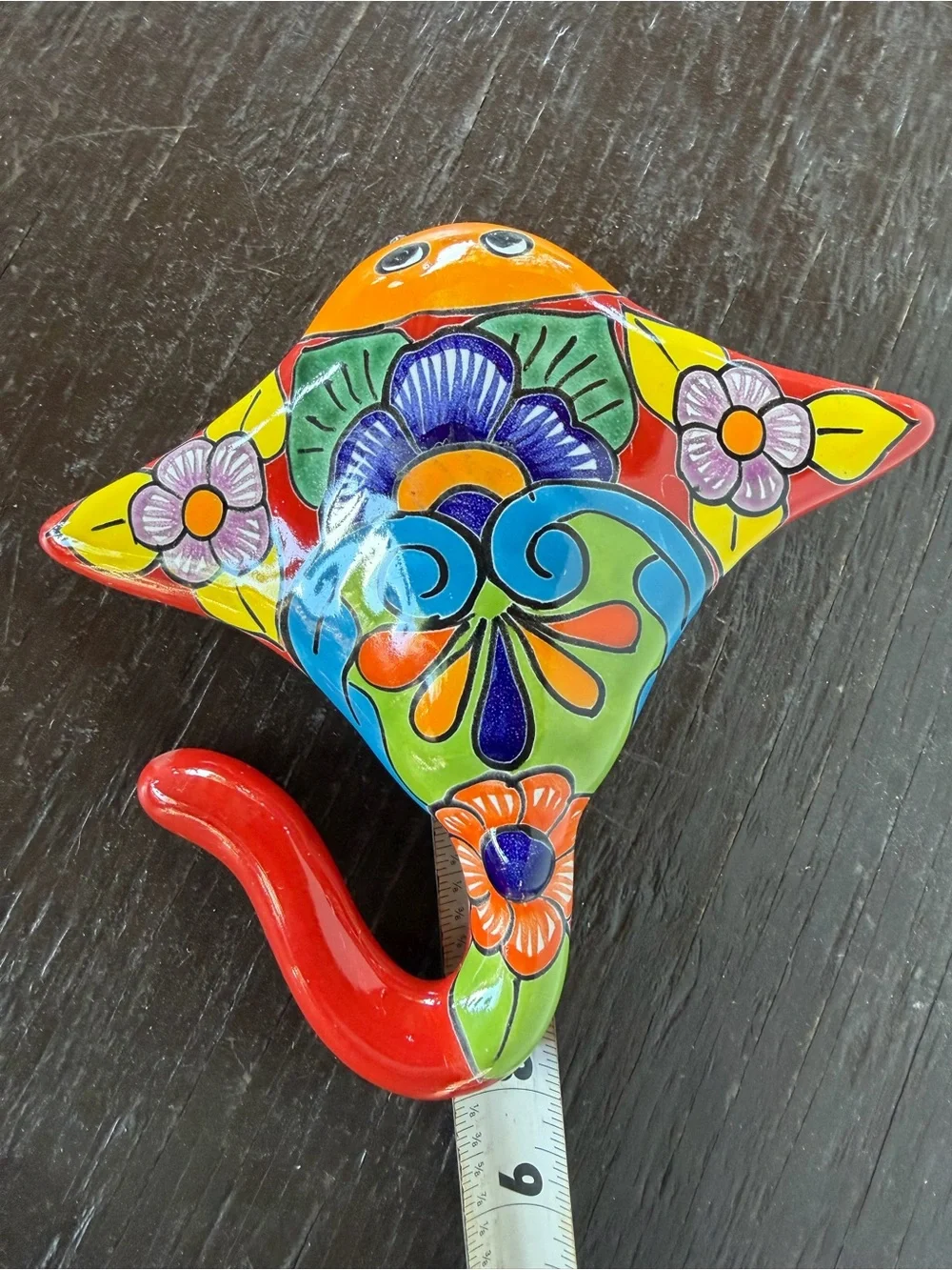 Hand-Painted Multicolor Talavera Stingray Wall Hook - Decorative Home Accent